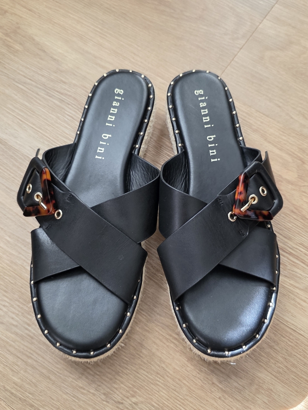 Gianni Bini Black Cross-Strap Leather Slide Sandals with Tortoiseshell Buckle